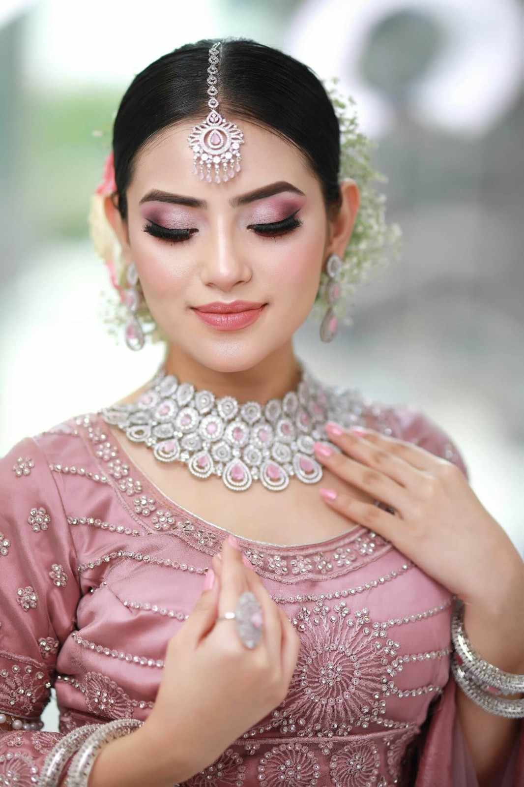 Classic Bridal Makeup - Soft Pink & Rose Tones with Traditional Jewelry